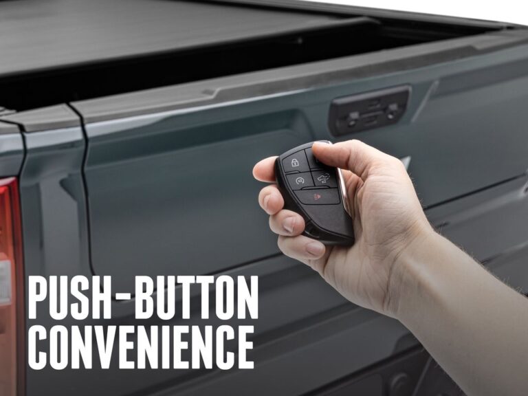 Hand holding a truck key fob with PUSH-BUTTON CONVENIENCE text overlay, demonstrating FlushFit TS electric remote operation