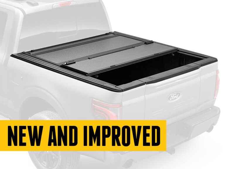 BAKFlip MX4 hero marketing image with rear panels open over a ghosted silver Ford F-150 silhouette with NEW AND IMPROVED yellow banner overlay