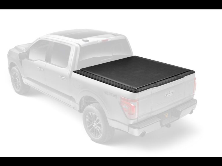 RealTruck TruXedo Lo Pro hero marketing image with the cover installed on a ghosted/dimmed Ford F-150 silhouette, low-profile stance