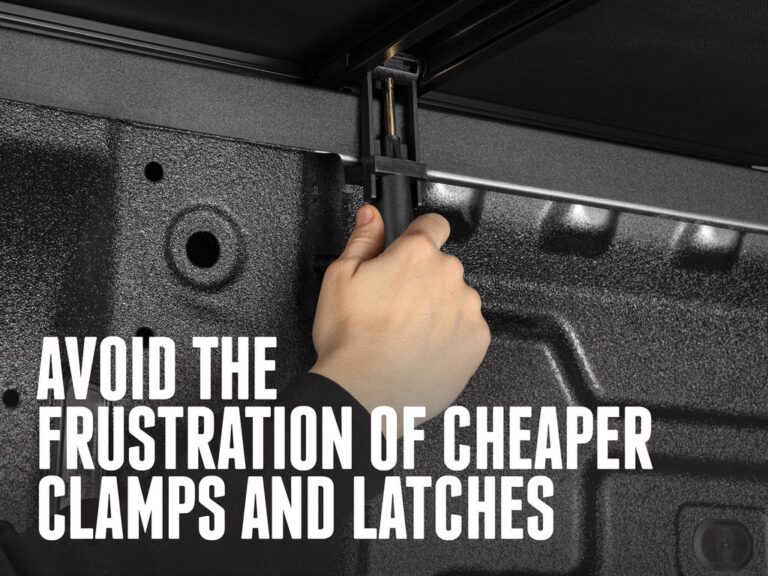 Close-up of a hand operating the rear corner clamp and latch mechanism on the Trifecta E-Series, with text overlay "AVOID THE FRUSTRATION OF CHEAPER CLAMPS AND LATCHES".