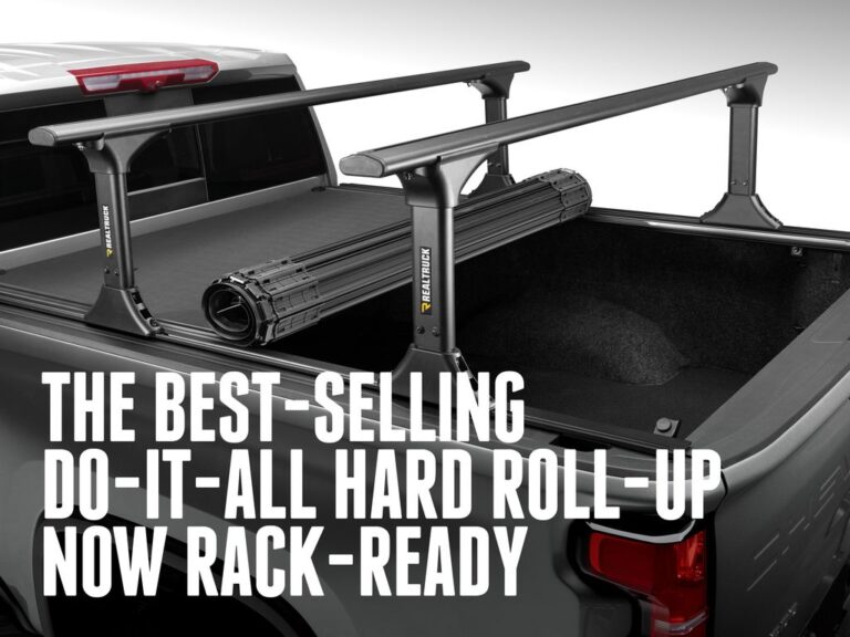 BAK Revolver X4TS marketing claim image reading THE BEST-SELLING DO-IT-ALL HARD ROLL-UP NOW RACK-READY with the cover rolled forward on a silver truck with T-slot rails and crossbars