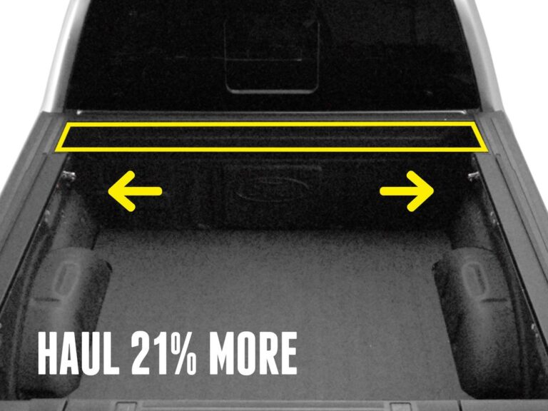 Top-down view of an empty truck bed with the RetraxPRO EZ-OFF cover fully removed and yellow arrows showing the full 100% bed access width, HAUL 21% MORE text overlay
