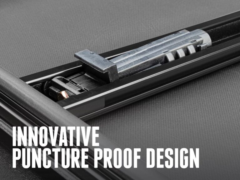 Inside-view of the Trifecta E-Series support bows showing the innovative puncture-proof design with hardware nested into the bows, text overlay "INNOVATIVE PUNCTURE PROOF DESIGN".
