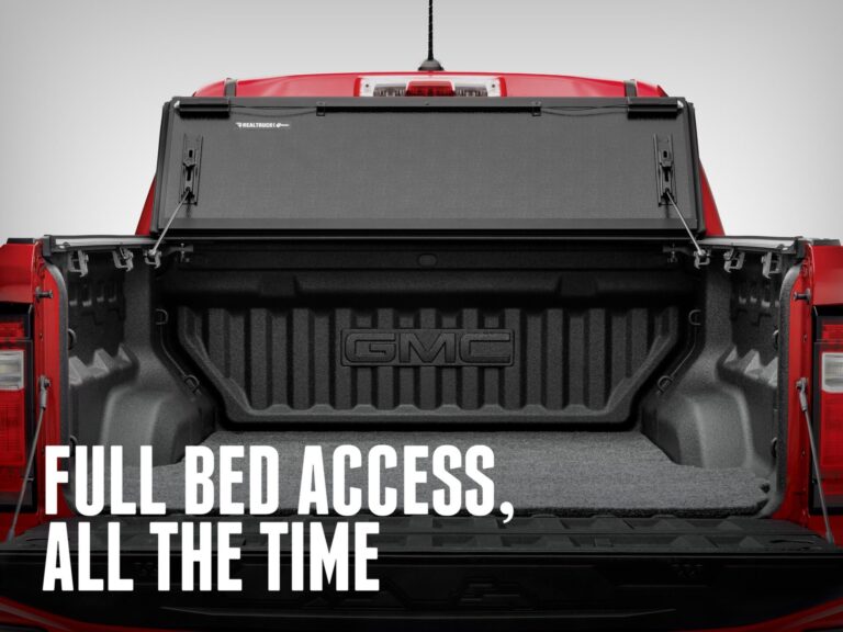 BAKFlip G2 fully open and folded forward against the cab, showing 100 percent bed access from tailgate view