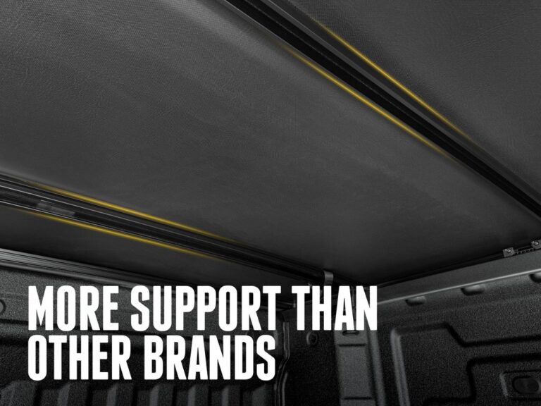 Interior view of the Trifecta E-Series MegaBows support beams with dual-pivot hinges, text overlay "MORE SUPPORT THAN OTHER BRANDS".