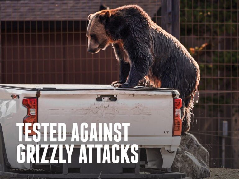 RetraxPRO EZ-OFF cover surface with a bear claw impact close-up, TESTED AGAINST GRIZZLY ATTACKS text overlay, illustrating 500+ lbs support rating