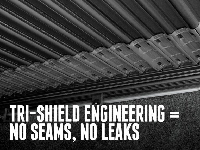 BAK Revolver X4TS marketing claim image reading TRISHIELD ENGINEERING = NO SEAMS, NO LEAKS with a close-up of the seamless matte black vinyl top surface and aluminum slat