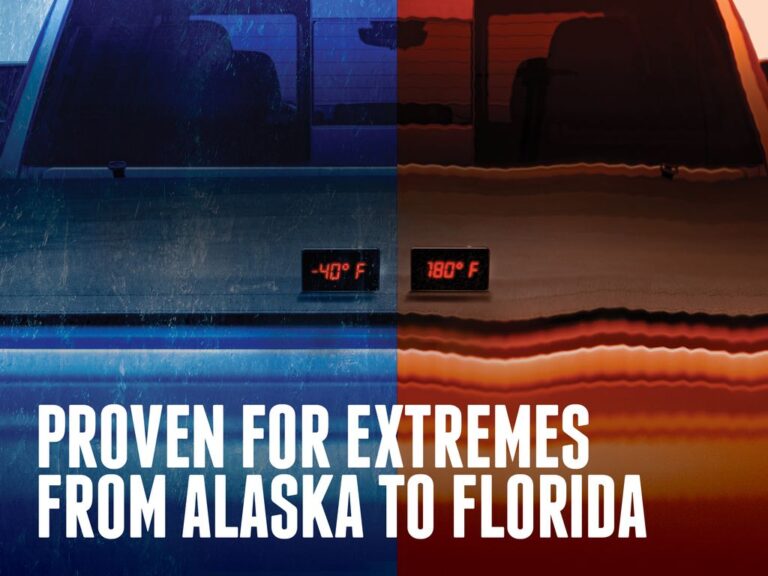 Split-image temperature comparison showing the Trifecta E-Series at -40 degrees Fahrenheit (blue) and 180 degrees Fahrenheit (red), text overlay "PROVEN FOR EXTREMES FROM ALASKA TO FLORIDA".