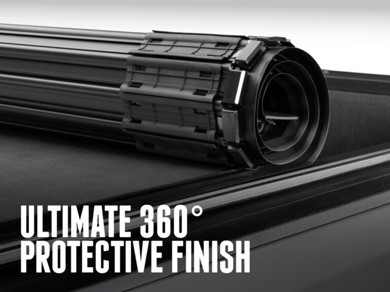 BAK Revolver X4TS marketing claim image reading ULTIMATE 360 PROTECTIVE FINISH with a close-up of the rolled cover and end cap on a silver truck