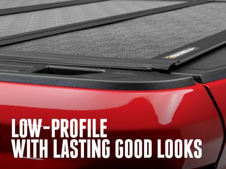 BAKFlip G2 low profile fit on a red truck, rear quarter angle showing the cover sitting flush with bed rails