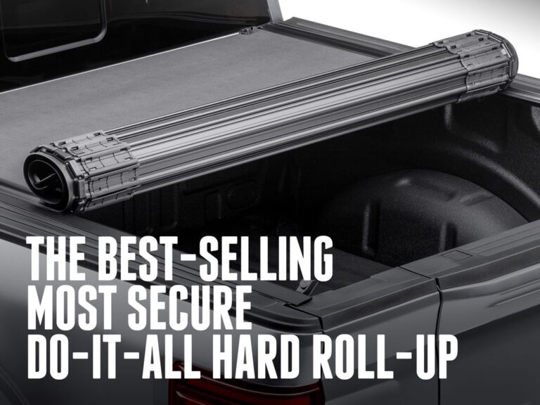 Close-up of the BAK Revolver X4S rolled cover bundle at the bulkhead on a black truck, with text overlay reading the best-selling most secure do-it-all hard roll-up